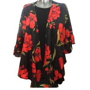 Sheen Curve 1XL Red Floral on Black Short Ruffled Sleeves Tie Top High-Lo Rwanda